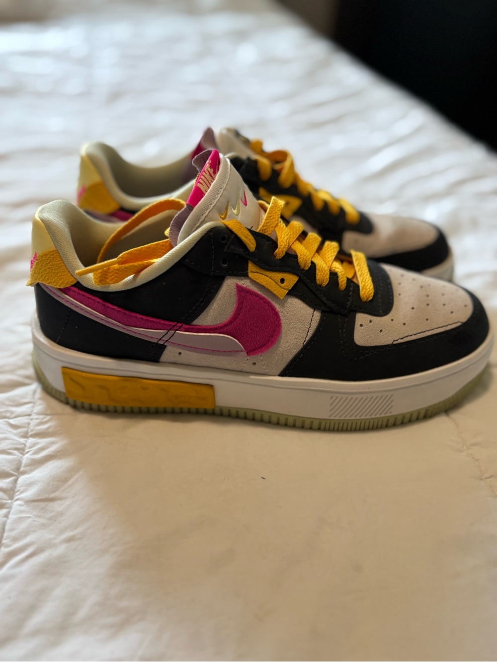Nike Air Force Ones’s Low-Top Sneakers in Cream, Black, Pink & Yellow 8.5